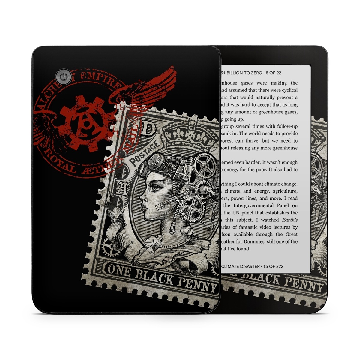 Kobo Clara 2E Skin design of Font, Postage stamp, Illustration, Drawing, Art, with black, gray, red colors