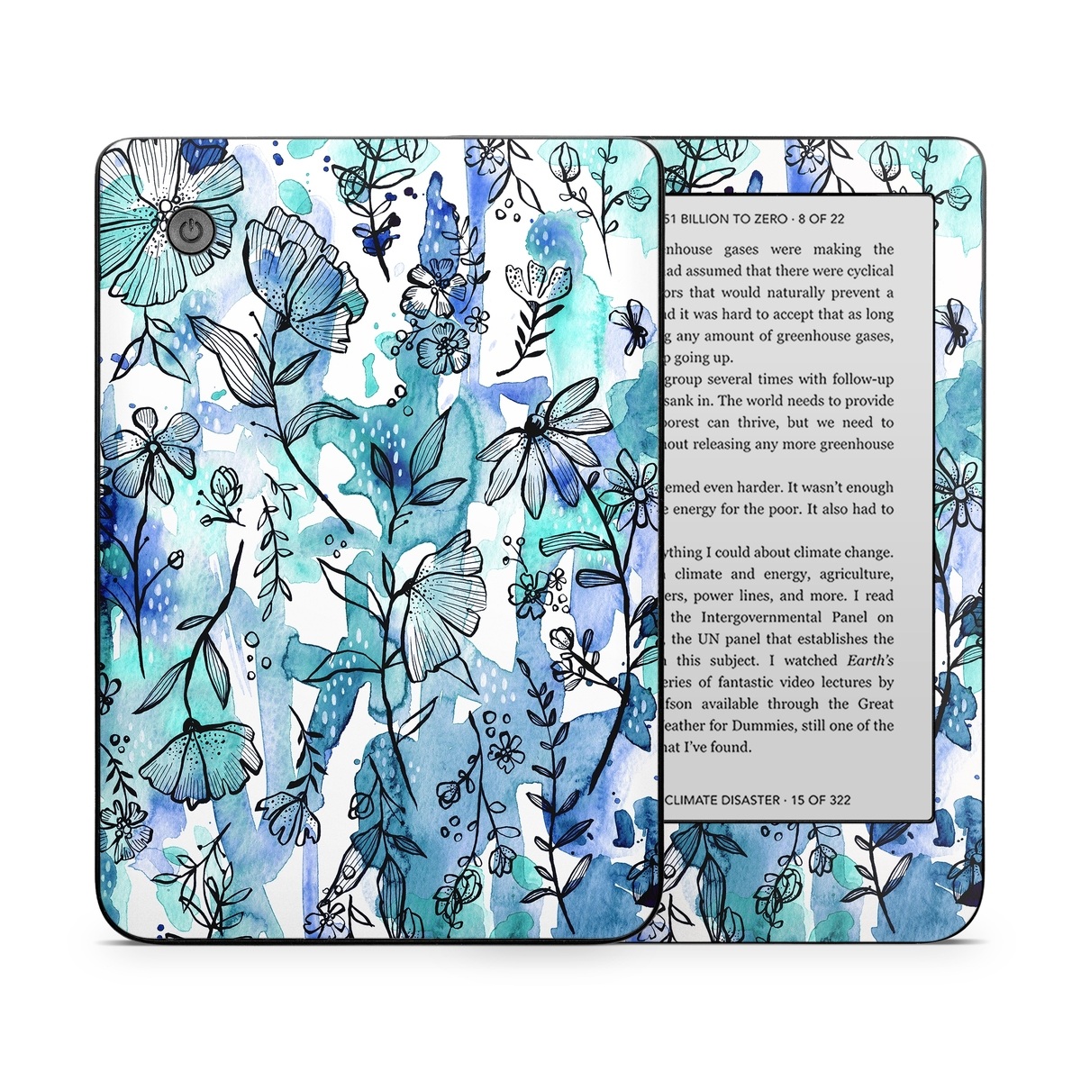 Kobo Clara 2E Skin design of Blue, Pattern, Turquoise, Aqua, Design, Textile, Wildflower, Plant, Wrapping paper, Gift wrapping, with blue, white, black, purple colors