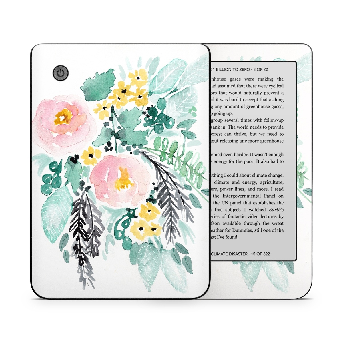 Kobo Clara 2E Skin design of Branch, Clip art, Watercolor paint, Flower, Leaf, Botany, Plant, Illustration, Design, Graphics, with green, pink, red, orange, yellow colors
