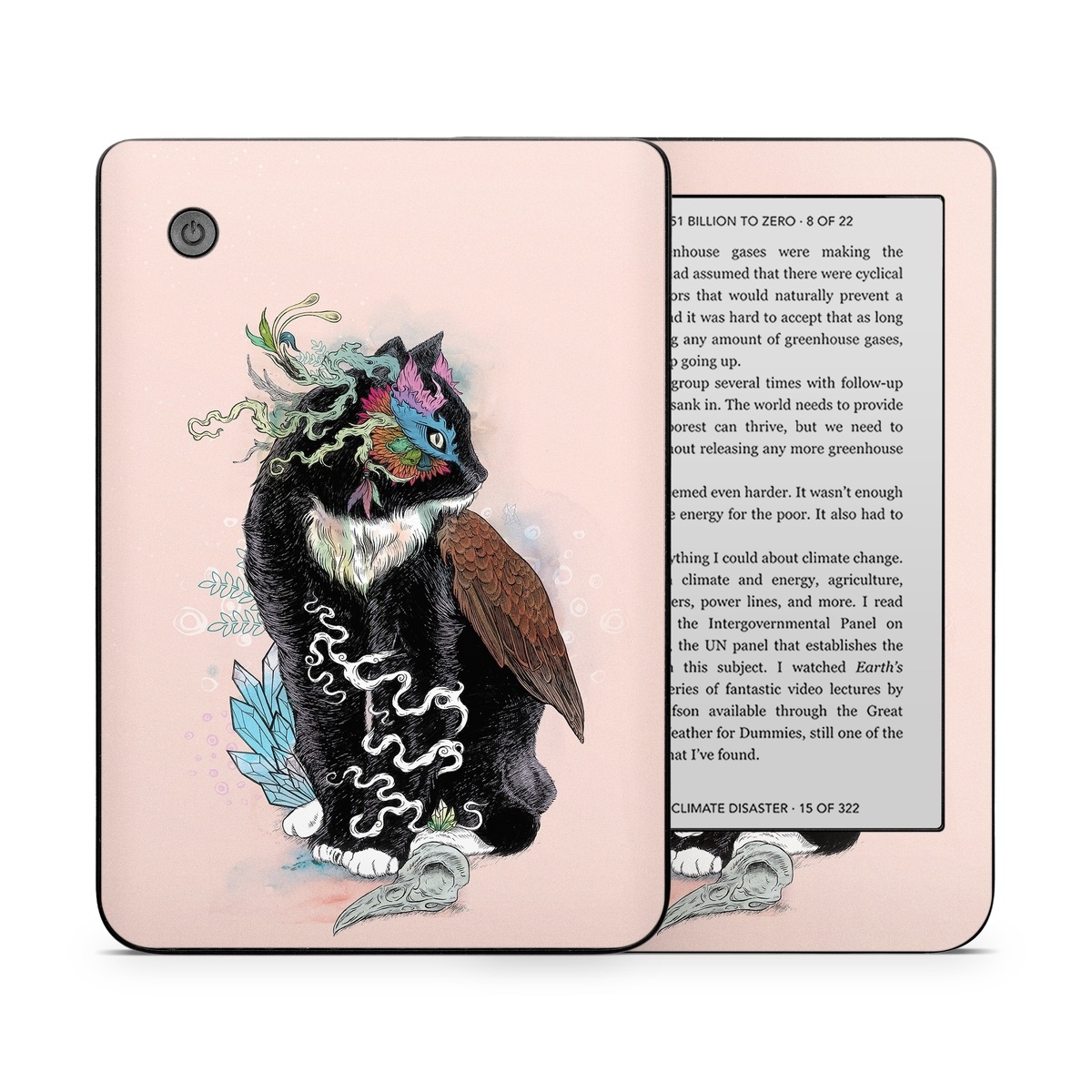 Kobo Clara 2E Skin design of Illustration, Owl, Art, Graphic design, Cat, Tail, with pink, black, brown, red, green colors