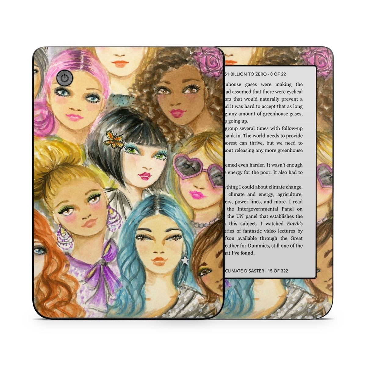 Kobo Clara 2E Skin design of Face, Hair, Head, Art, Hair coloring, Cheek, Illustration, Human, Watercolor paint, Brown hair, with white, black, brown, yellow, purple, blue, pink colors