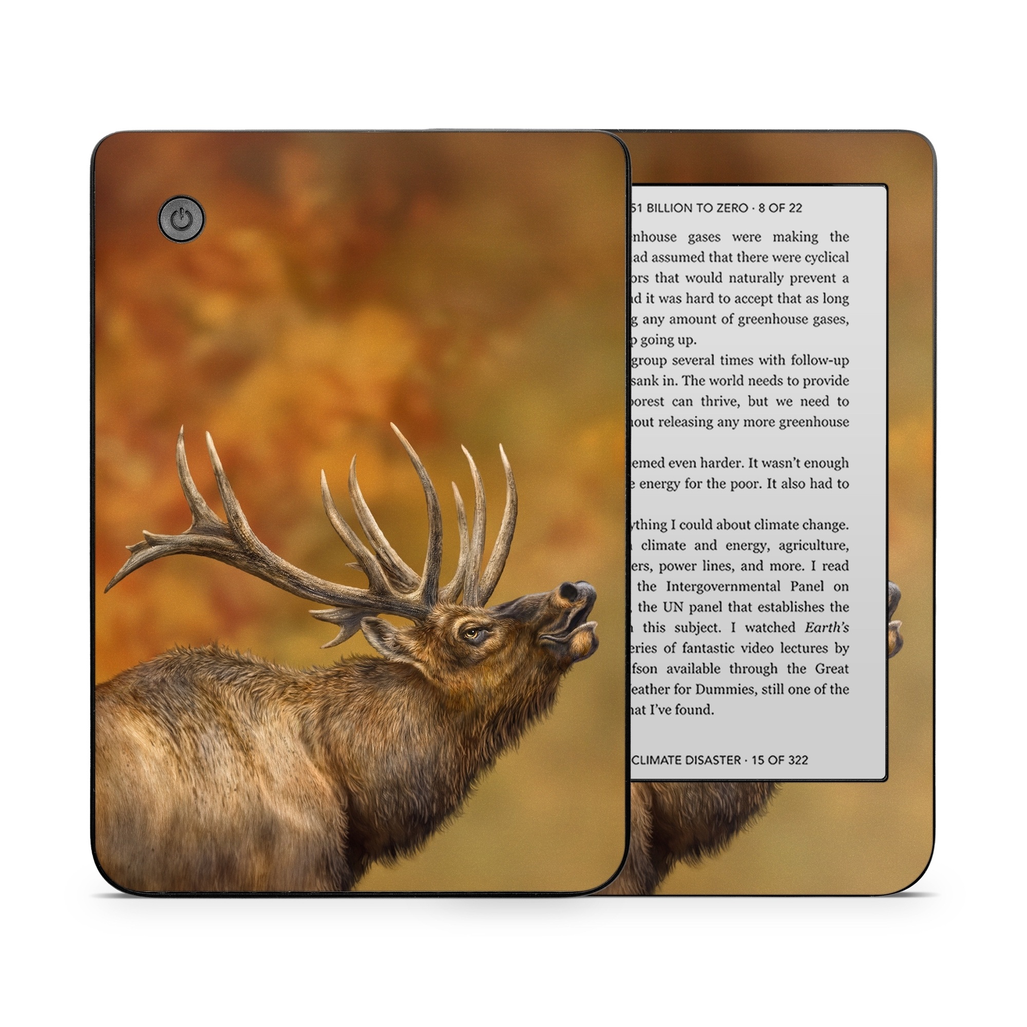 Kobo Clara 2E Skin design of Head, Deer, Natural material, Barren ground Caribou, Fawn, Terrestrial animal, Horn, Elk, Snout, Reindeer, with brown, black, orange, yellow, gray colors
