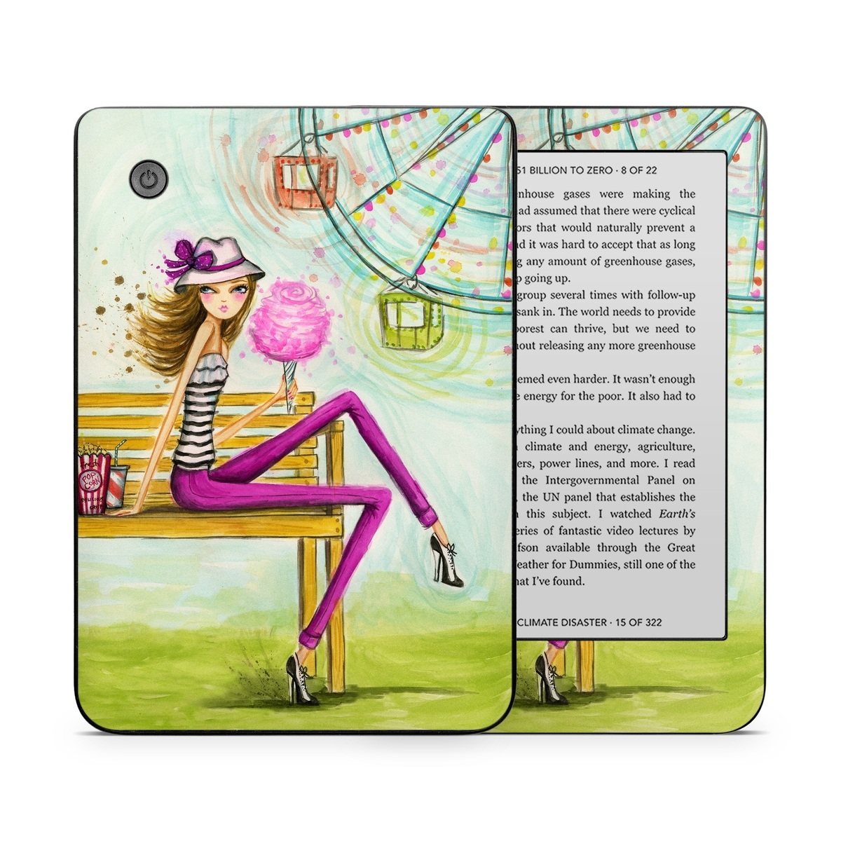 Kobo Clara 2E Skin design of Illustration, Fashion illustration, Art, Sitting, Watercolor paint, Plant, Graphic design, Style, Painting, with green, yellow, blue, pink, purple, black, white, orange colors