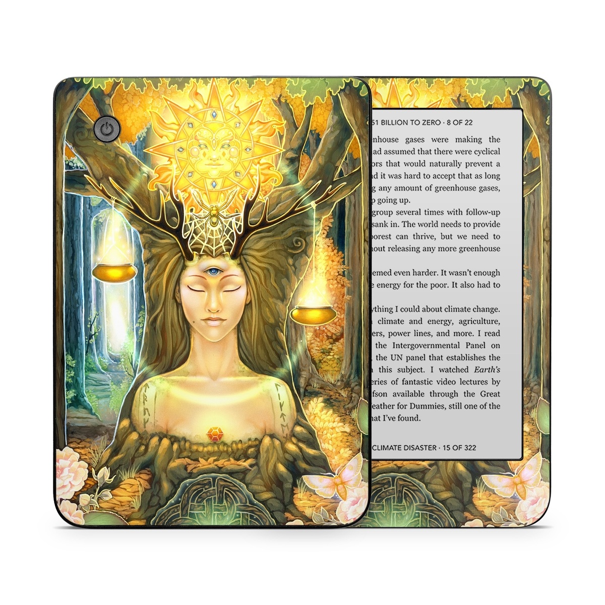 Kobo Clara 2E Skin design of Painting, Art, Illustration, Plant, Fictional character, Mythology, Cg artwork, Visual arts, Glass, Drawing, with yellow, green, brown, pink, orange, black colors