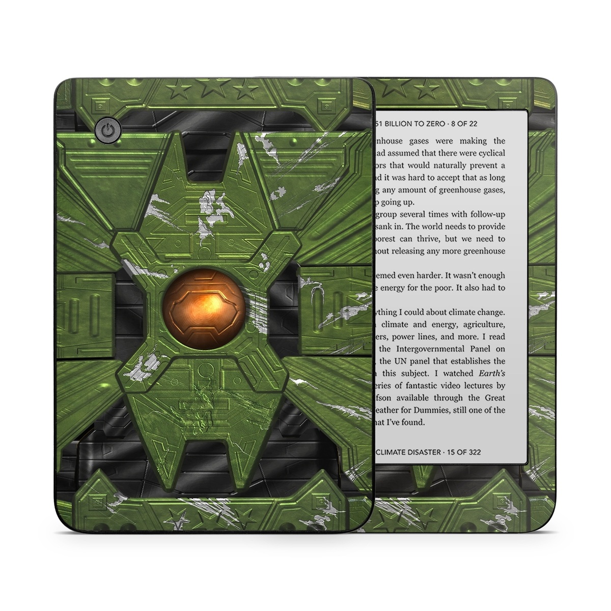 Kobo Clara 2E Skin design of Green, Fictional character, Games, Fiction, Pc game, Illustration, Strategy video game, Digital compositing, Art, Screenshot, with green, yellow, orange, black colors