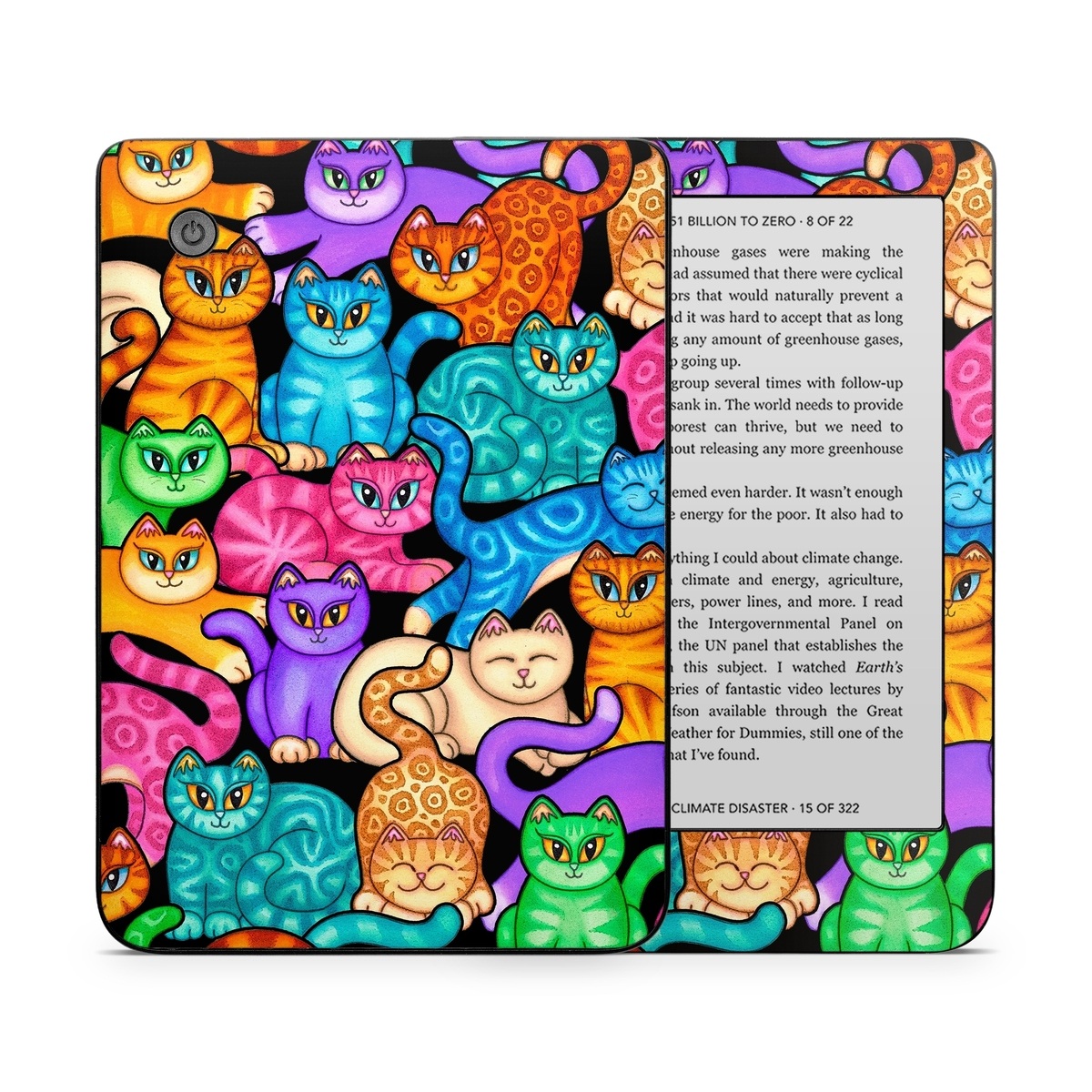 Kobo Clara 2E Skin design of Cat, Cartoon, Felidae, Organism, Small to medium-sized cats, Illustration, Animated cartoon, Wildlife, Kitten, Art, with black, blue, red, purple, green, brown colors