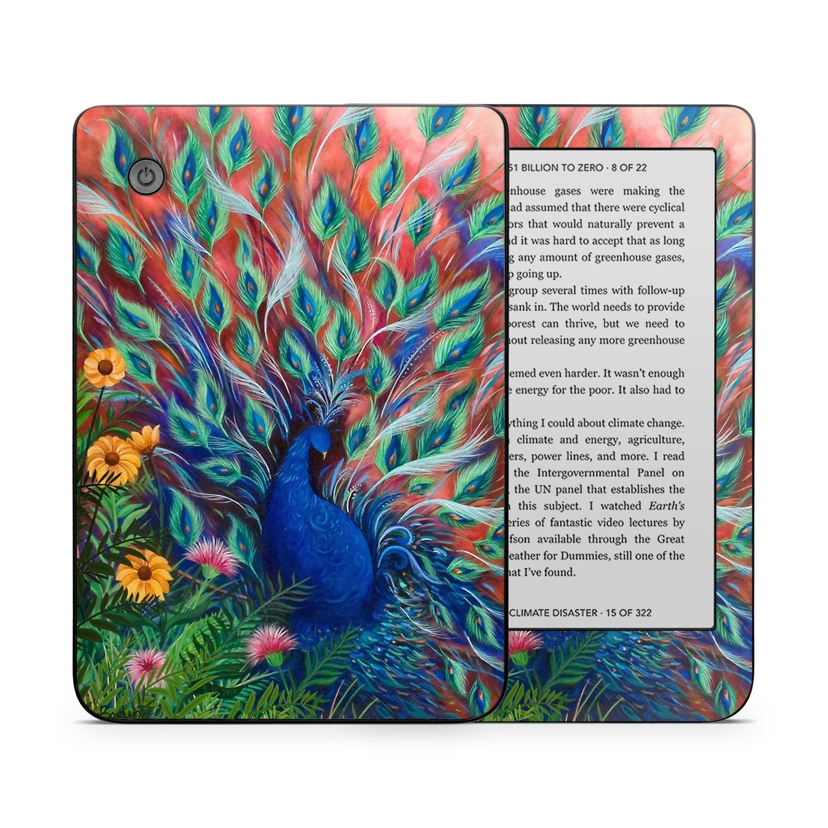 Kobo Clara 2E Skin design of Painting, Acrylic paint, Bird, Child art, Art, Galliformes, Peafowl, Visual arts, Watercolor paint, Plant, with black, red, gray, blue, green colors