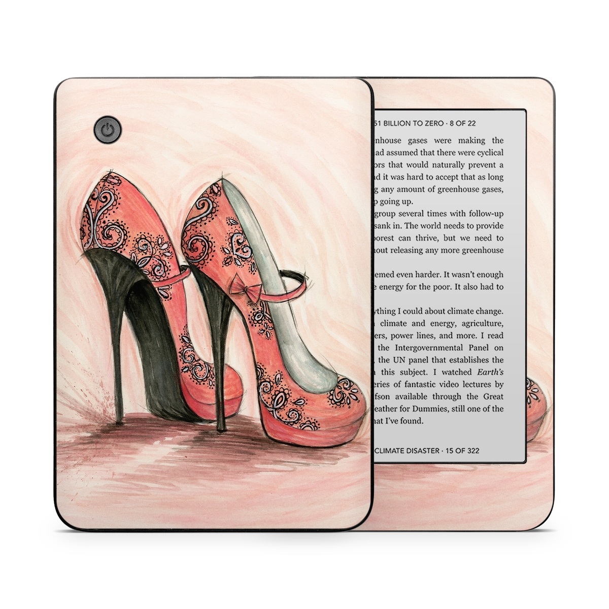Kobo Clara 2E Skin design of Footwear, High heels, Shoe, Pink, Court shoe, Illustration, Leg, Basic pump, Peach, Painting, with pink, gray, red, white, black, green colors