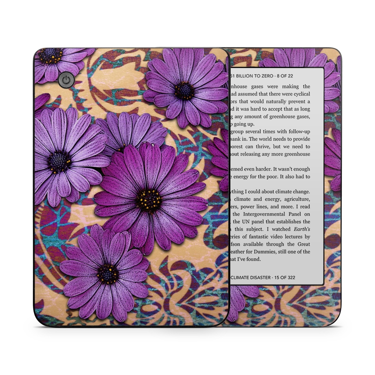 Kobo Clara 2E Skin design of Purple, Flower, Violet, Petal, Plant, african daisy, Floral design, Wildflower, Pattern, Textile, with purple, black, gray, blue, green, red colors