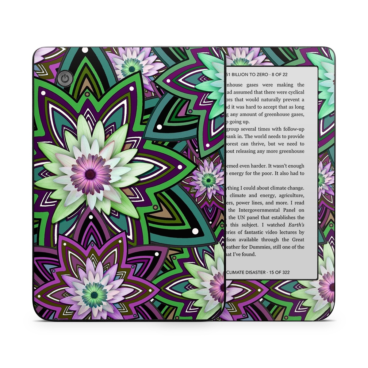Kobo Clara 2E Skin design of Pattern, Purple, Green, Flower, Psychedelic art, Design, Lilac, Plant, Symmetry, Visual arts, with black, gray, green, purple, blue, red colors