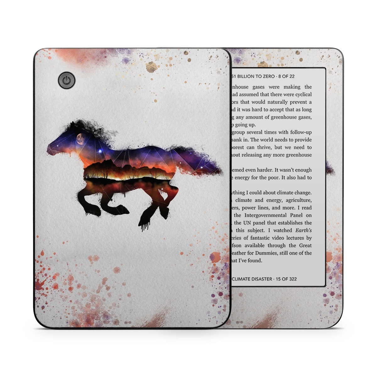 Kobo Clara 2E Skin design of Watercolor paint, Illustration, Art, Horse, Paint, Drawing, Graphic design, Painting, Visual arts, Mustang horse, with gray, white, purple, red, yellow, black, orange colors