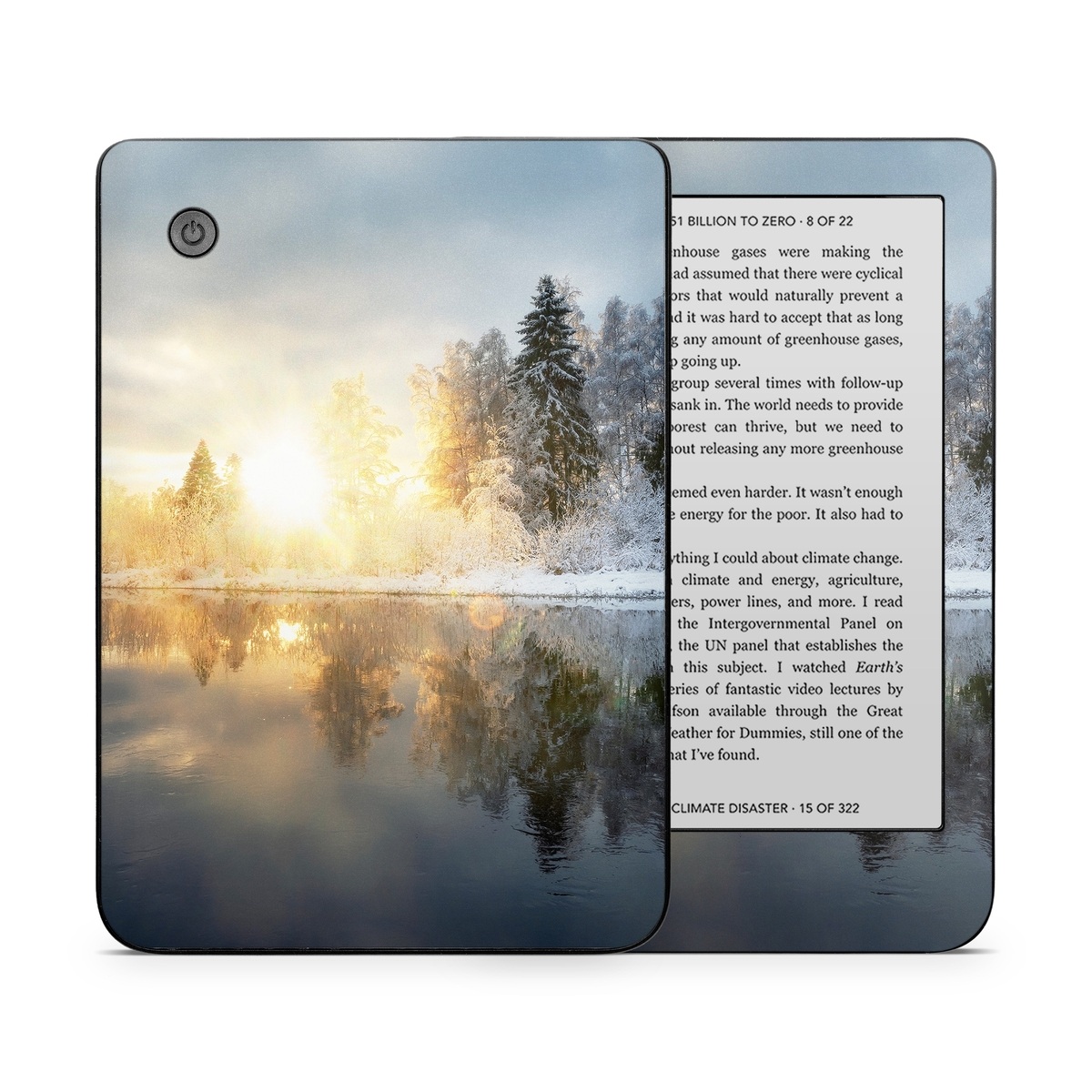 Kobo Clara 2E Skin design of Cloud, Water, Sky, Water resources, Atmosphere, Plant, Natural landscape, Branch, Tree, Freezing, with blue, black, yellow, orange, white colors