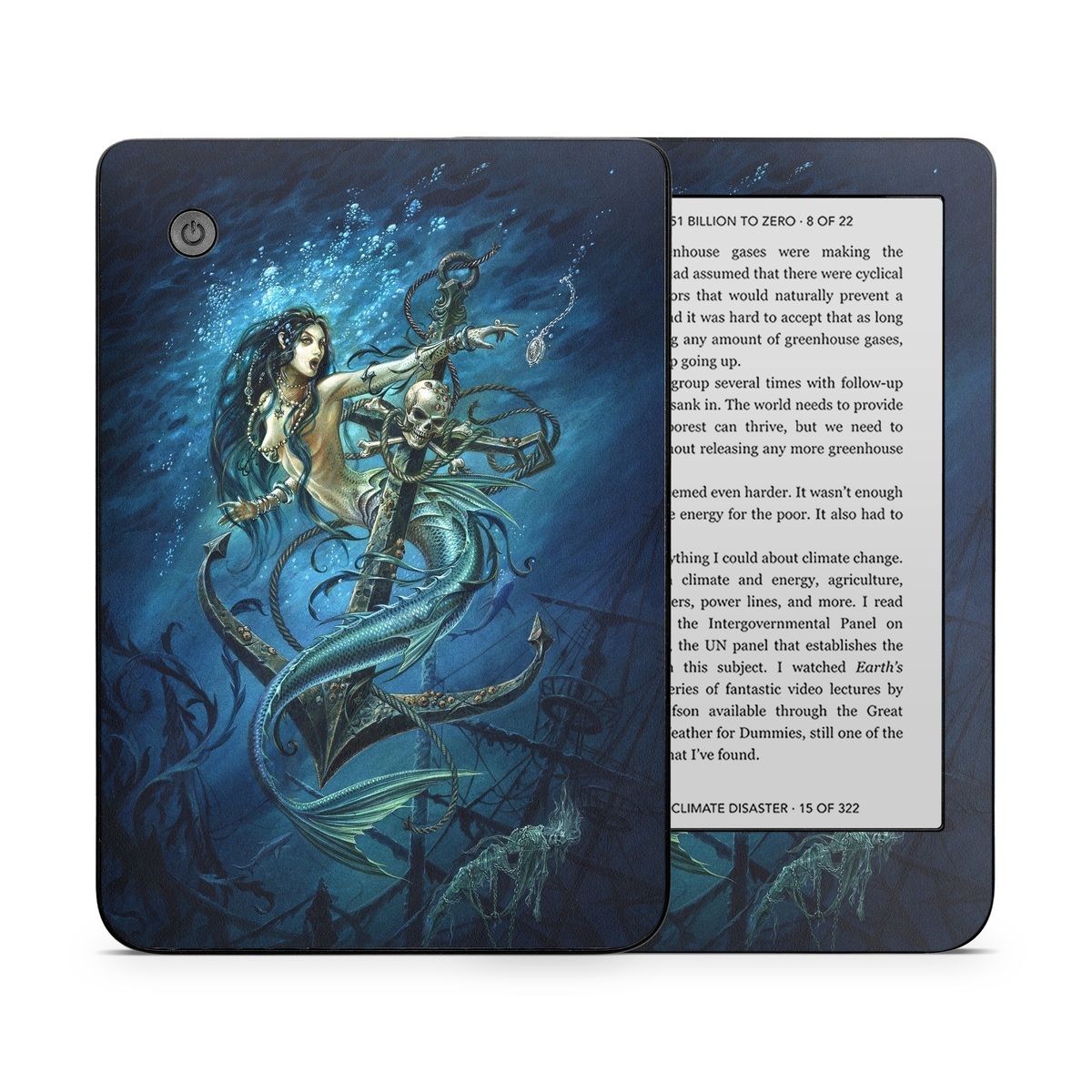 Kobo Clara 2E Skin design of Mermaid, Cg artwork, Illustration, Fictional character, Art, Mythology, Mythical creature, Graphic design, with blue, green, white, black colors