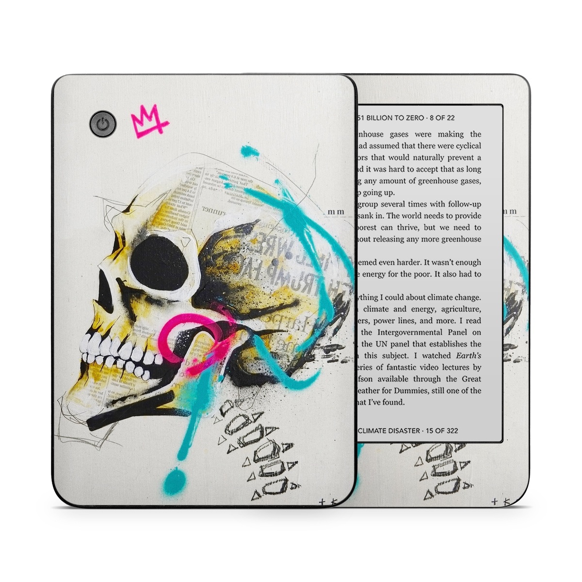 Kobo Clara 2E Skin design of Graphic design, Skull, Illustration, Art, Bone, Drawing, Visual arts, Font, Modern art, Street art, with blue, pink, yellow, black colors