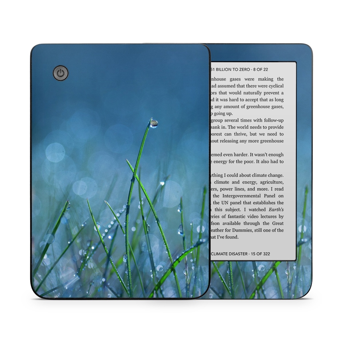 Kobo Clara 2E Skin design of Moisture, Dew, Water, Green, Grass, Plant, Drop, Grass family, Macro photography, Close-up, with blue, black, green, gray colors