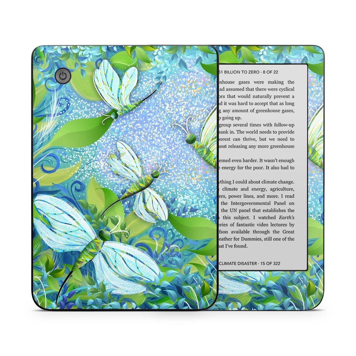 Kobo Clara 2E Skin design of Green, Blue, Leaf, Plant, Pattern, Tree, Design, Organism, Branch, Flower, with gray, blue, green, purple colors