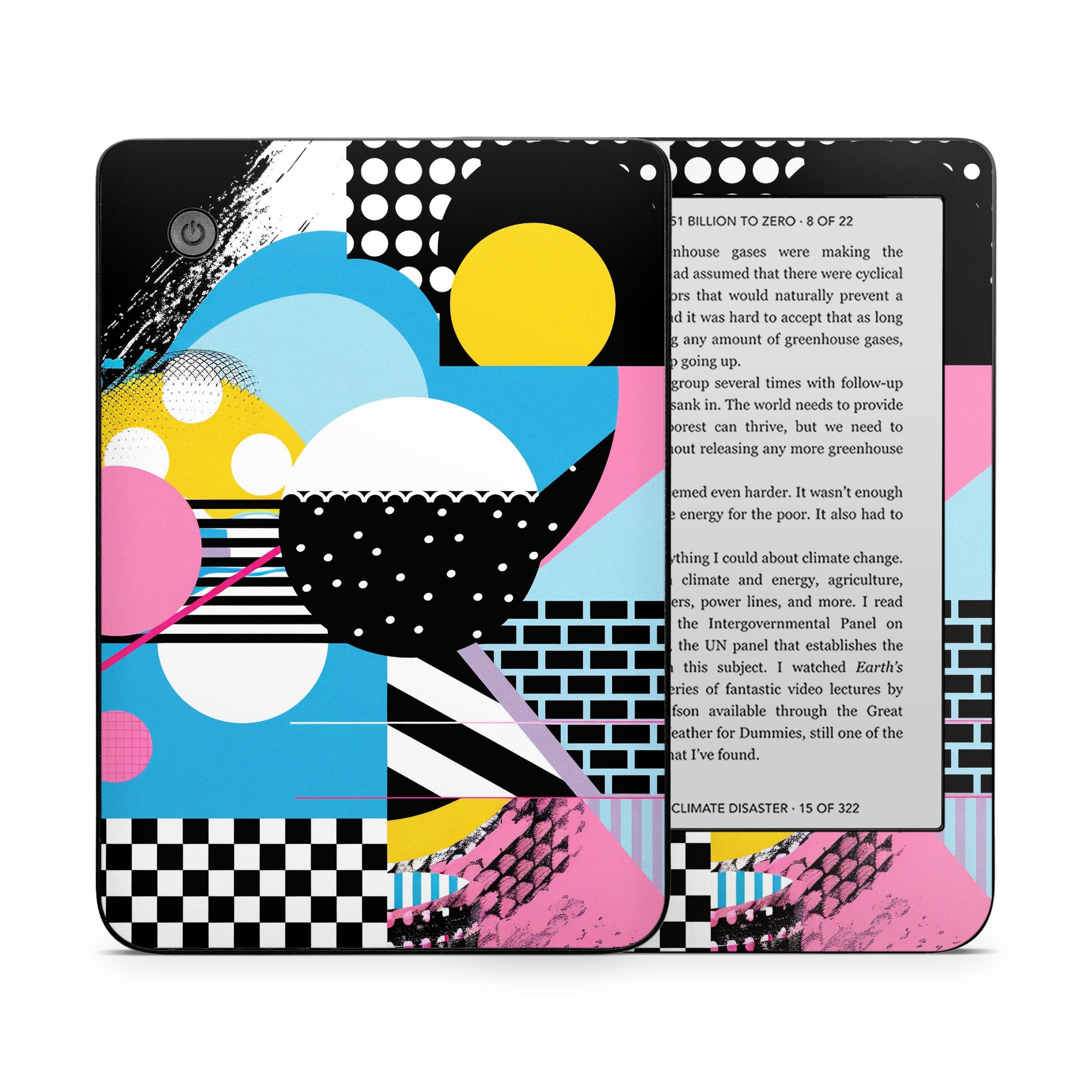 Kobo Clara 2E Skin design of White, Yellow, Art, Font, Pattern, Circle, Design, Creative arts, Graphics, Electric blue, with blue, pink, white, black, yellow colors