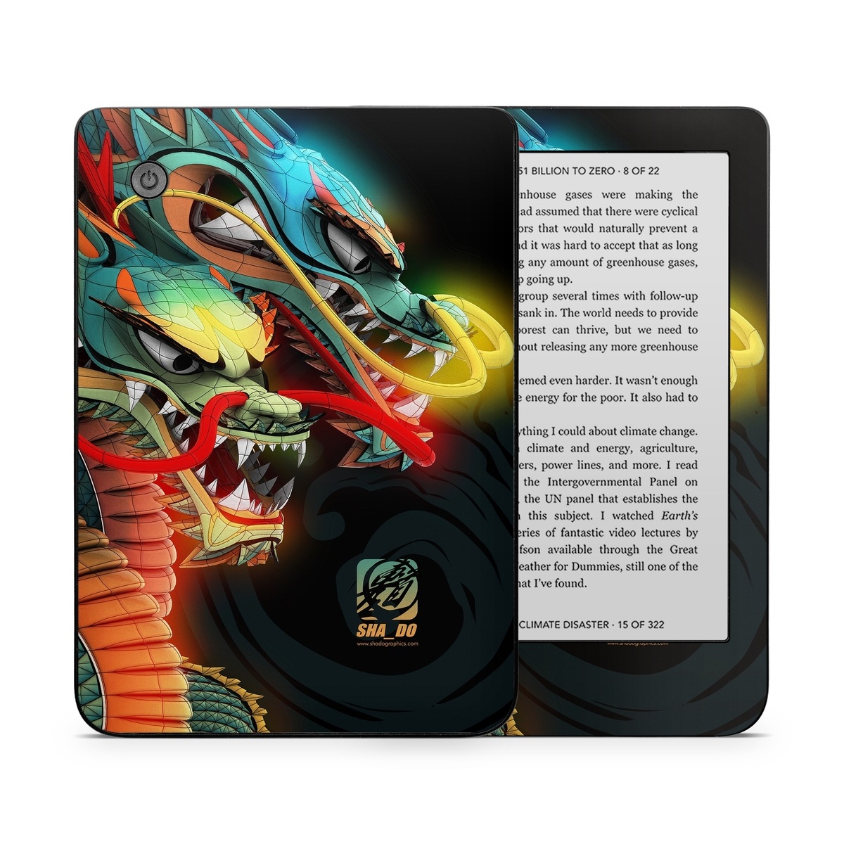 Kobo Clara 2E Skin design of Dragon, Fictional character, Illustration, Art, Cg artwork, Fiction, Mythical creature, Graphics, with black, green, red, yellow, orange colors