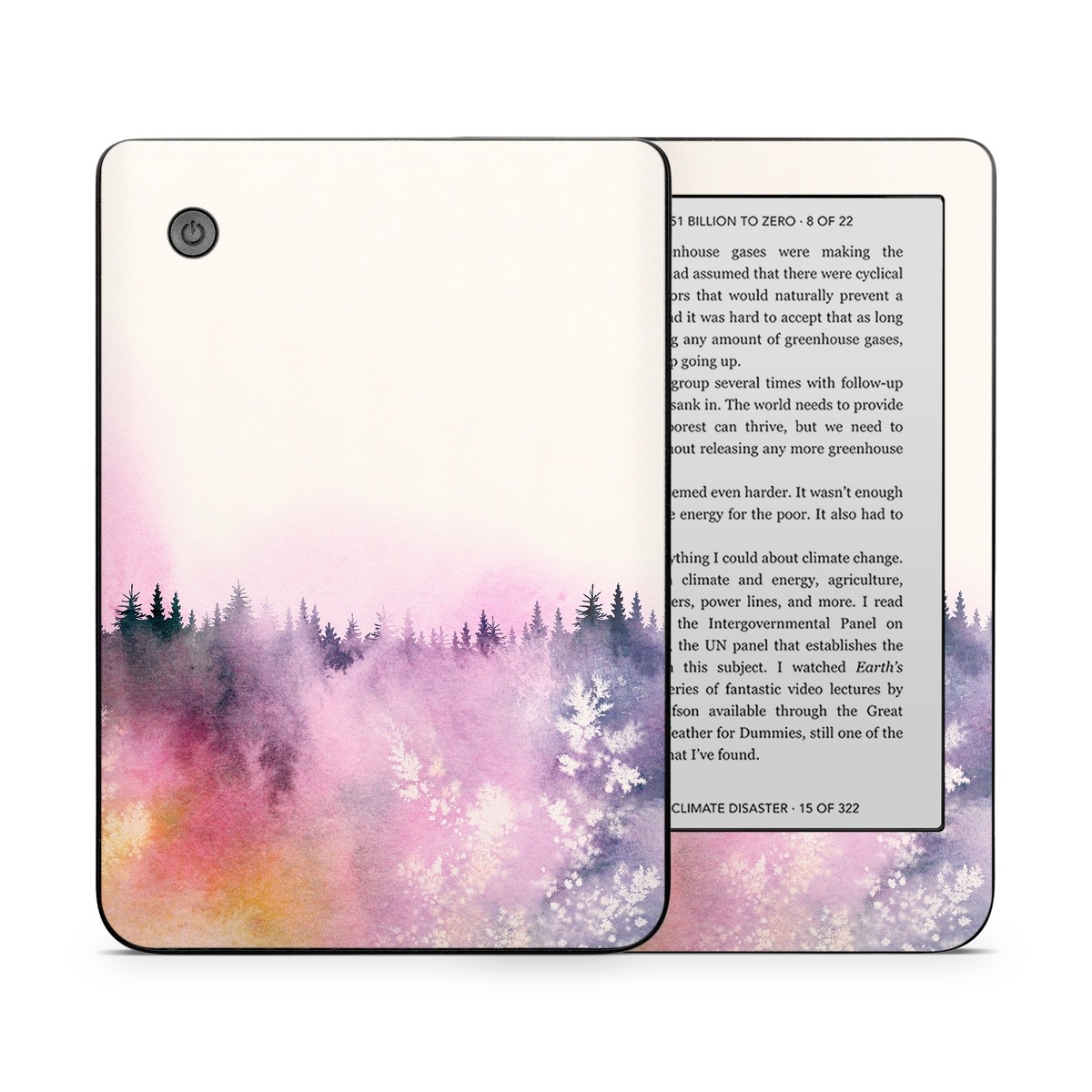 Kobo Clara 2E Skin design of Watercolor paint, Sky, Atmospheric phenomenon, Tree, Atmosphere, Cloud, Landscape, Forest, Painting, Illustration, with white, yellow, pink, purple, blue, black colors