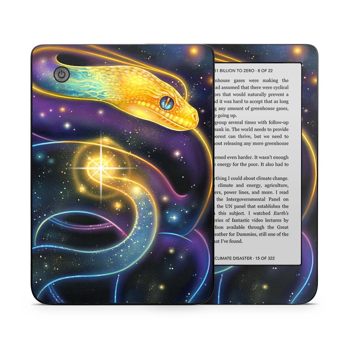 Kobo Clara 2E Skin design of Atmosphere, Light, Organism, Art, Font, Astronomical object, Galaxy, Star, Science, Nebula, with black, white, yellow, orange, green, purple colors