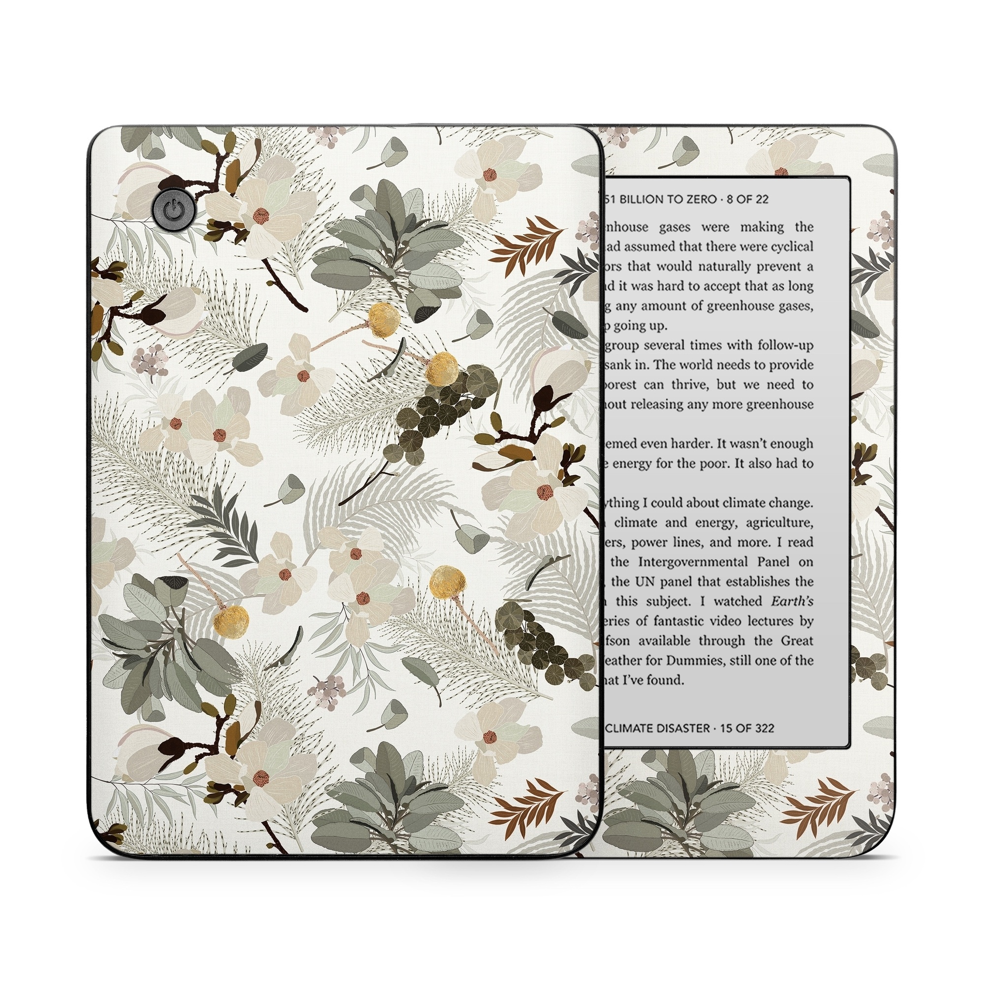 Kobo Clara 2E Skin design of Branch, Botany, Twig, Plant, Textile, Organism, Art, Creative arts, Pattern, Tints and shades, with white, green, yellow, brown, gray colors