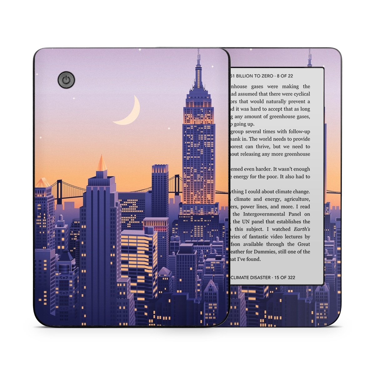 Kobo Clara 2E Skin design of Skyscraper, Building, Sky, Atmosphere, Moon, World, Nature, Tower, Afterglow, Dusk, with blue, purple, yellow, orange colors