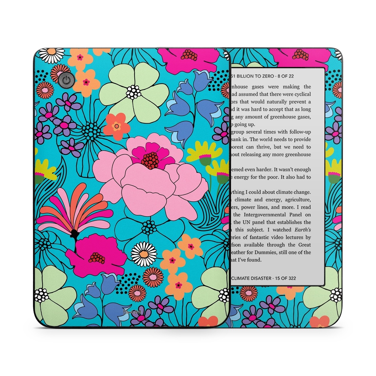 Kobo Clara 2E Skin design of Flower, Green, Azure, Nature, Botany, Petal, Blue, Textile, Pink, Art, with blue, pink, yellow, orange, red, purple, green colors