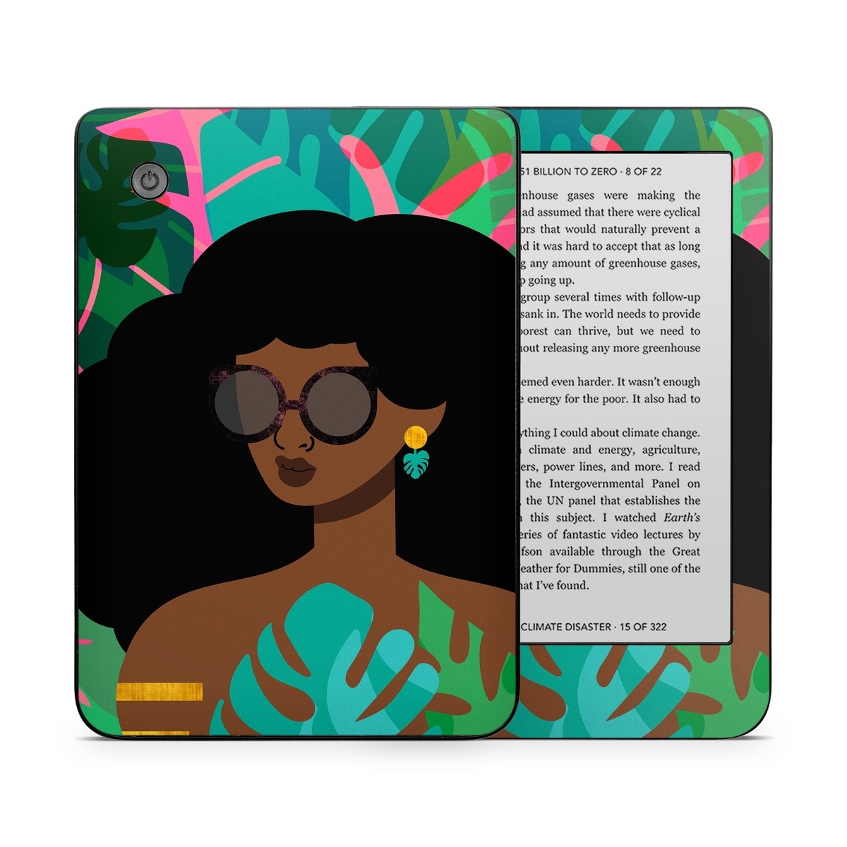 Kobo Clara 2E Skin design of Illustration, Afro, Art, Eyewear, Glasses, Graphic design, Visual arts, Graphics, Fictional character, with brown, black, green, pink, blue, yellow colors
