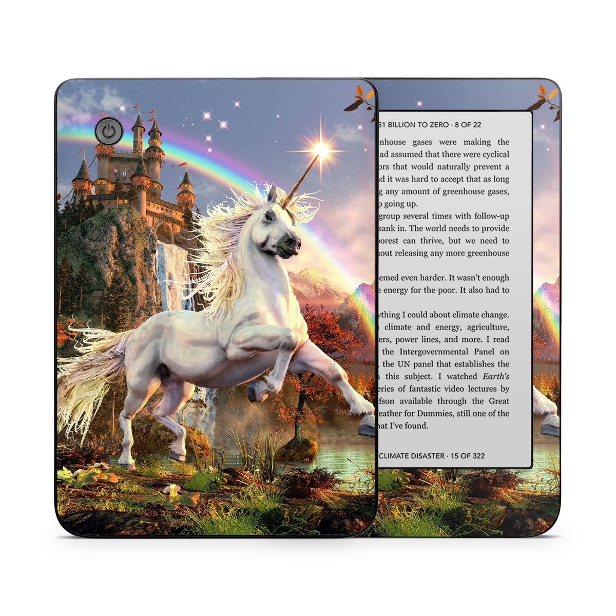 Kobo Clara 2E Skin design of Nature, Unicorn, Fictional character, Sky, Mythical creature, Mythology, Cg artwork, Horse, Mane, Wildlife, with black, gray, red, green, blue colors