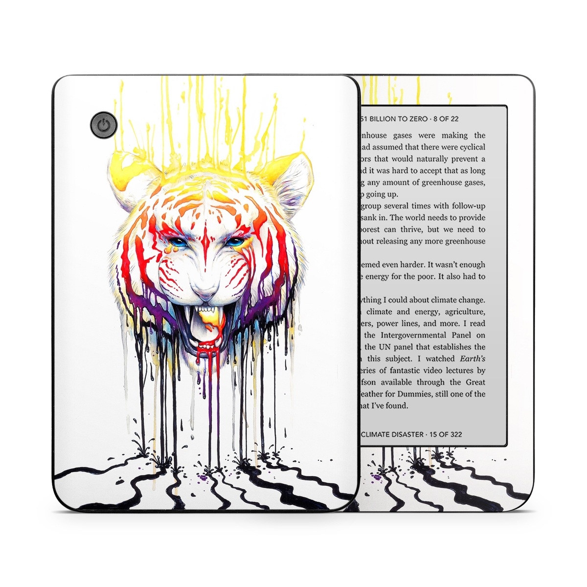 Kobo Clara 2E Skin design of Jaw, Roar, Organism, Gesture, Art, Font, Felidae, Painting, Illustration, Drawing, with white, black, yellow, red, orange, purple colors
