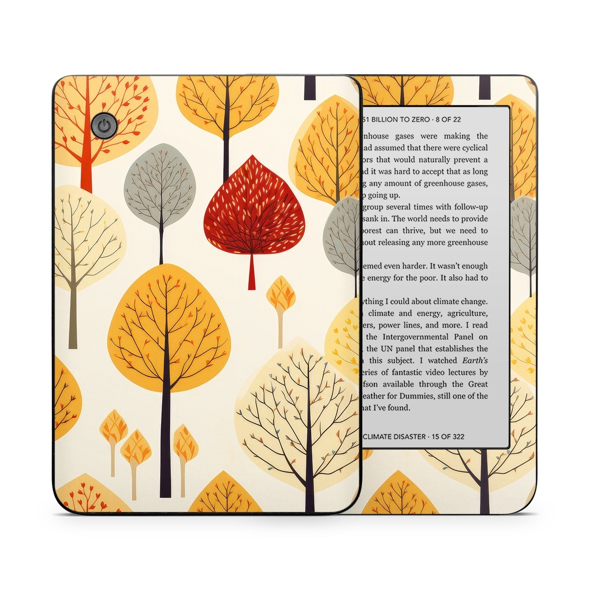 Kobo Clara 2E Skin design of Plant, Leaf, Botany, Nature, Organism, Yellow, Tree, Woody plant, Terrestrial plant, Adaptation, with yellow, orange, red, black, brown colors