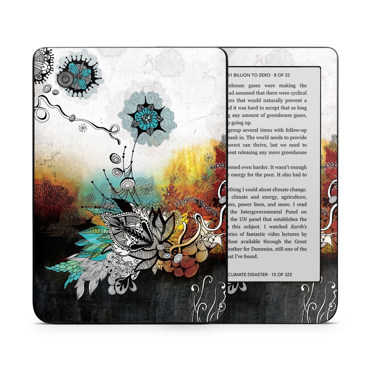 Kobo Clara 2E Skin design of Graphic design, Illustration, Art, Design, Visual arts, Floral design, Font, Graphics, Modern art, Painting, with black, gray, red, green, blue colors