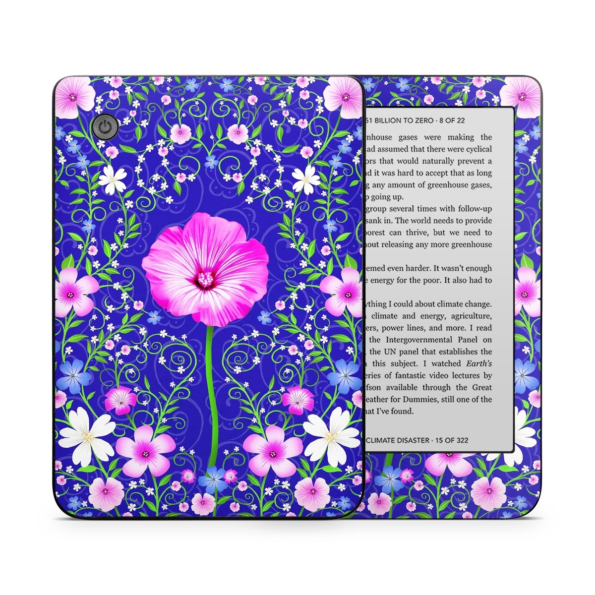 Kobo Clara 2E Skin design of Purple, Violet, Flower, Plant, Wildflower, Pattern, Petal, Design, Graphics, Morning glory, with blue, purple, pink, green, white, yellow colors