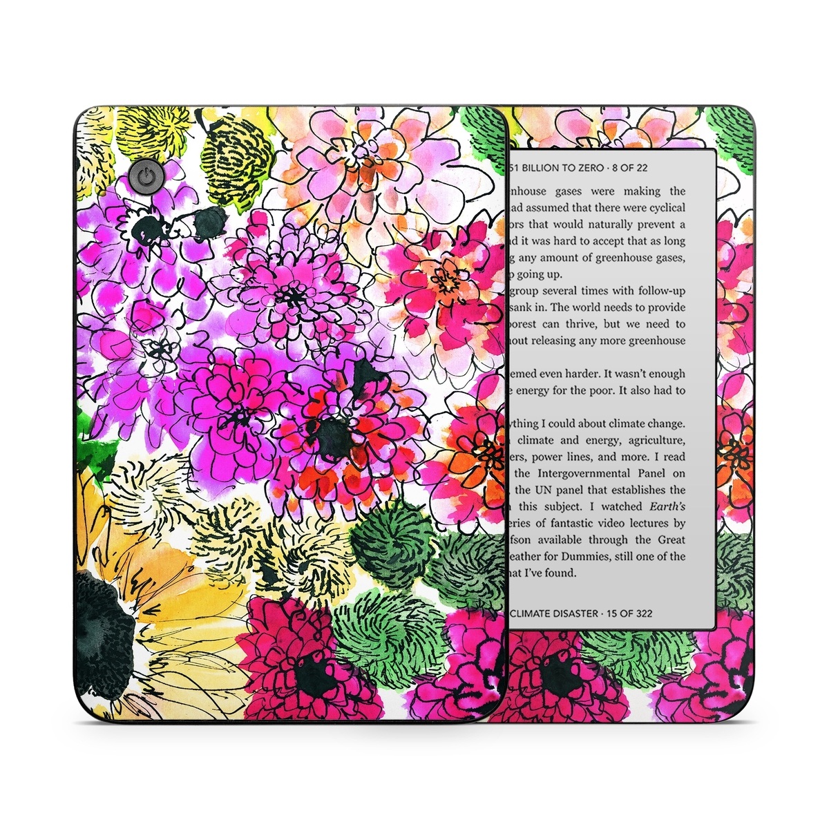 Kobo Clara 2E Skin design of Flower, Floral design, Plant, Gazania, african daisy, Petal, Pattern, Botany, Wildflower, Design, with red, yellow, green, pink, black colors