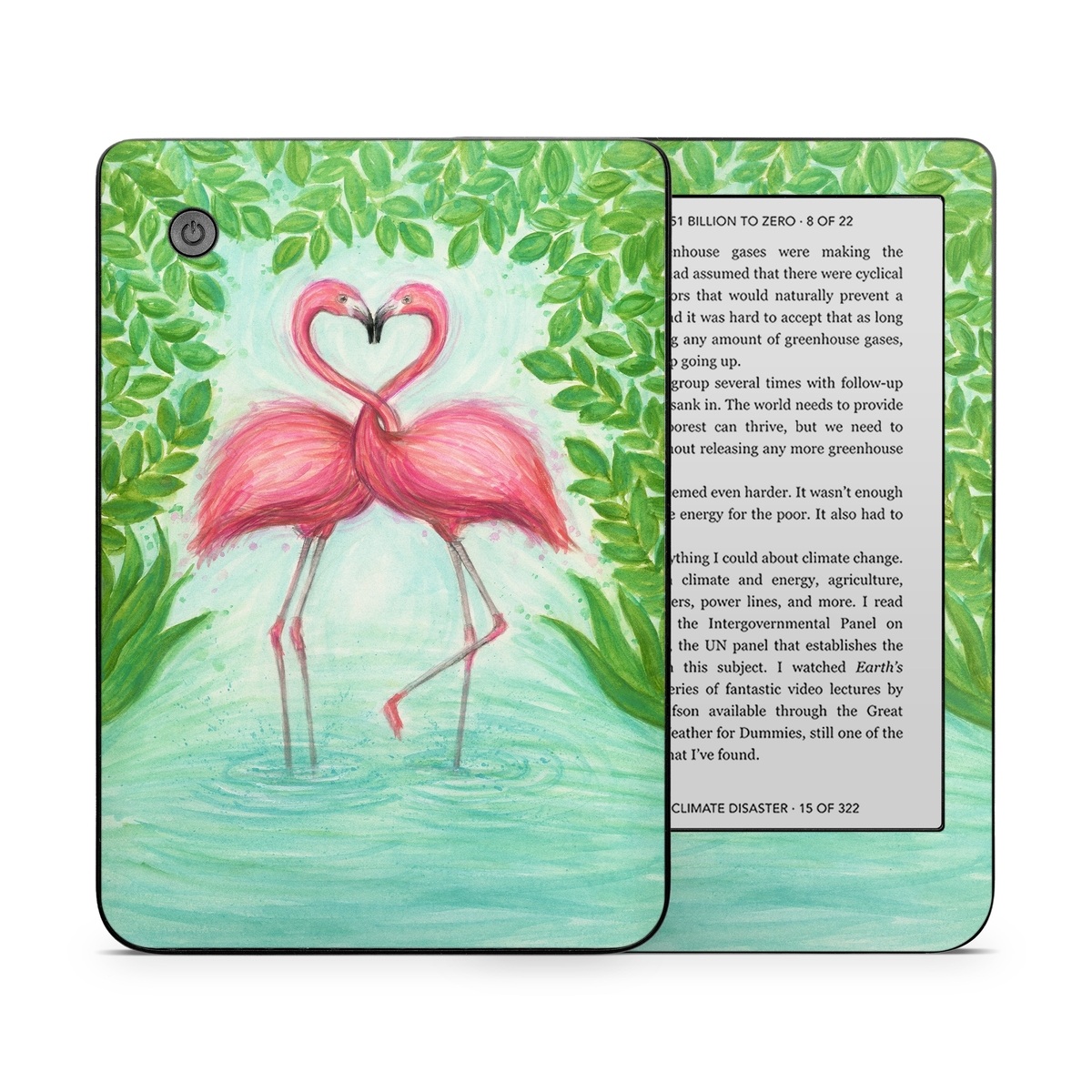 Kobo Clara 2E Skin design of Flamingo, Greater flamingo, Bird, Water bird, Pink, Illustration, Watercolor paint, Organism, Drawing, Stork, with pink, blue, green colors