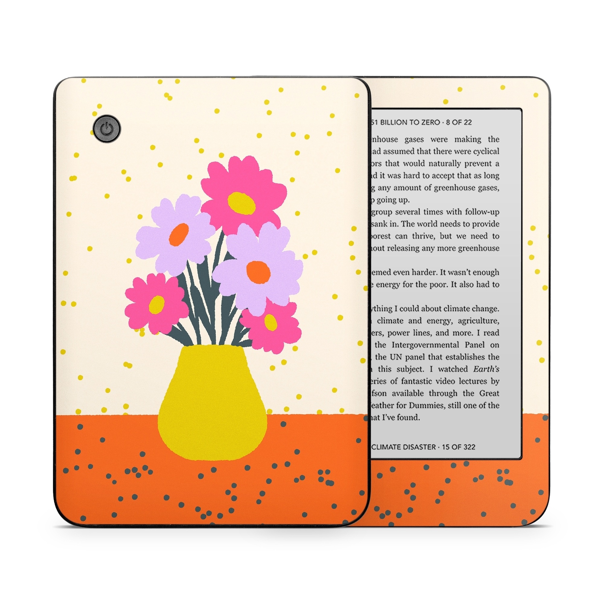Kobo Clara 2E Skin design of Flower, Plant, Vase, Flowerpot, Petal, Happy, People in nature, Liquid, Font, Art, with white, orange, pink, purple, yellow colors