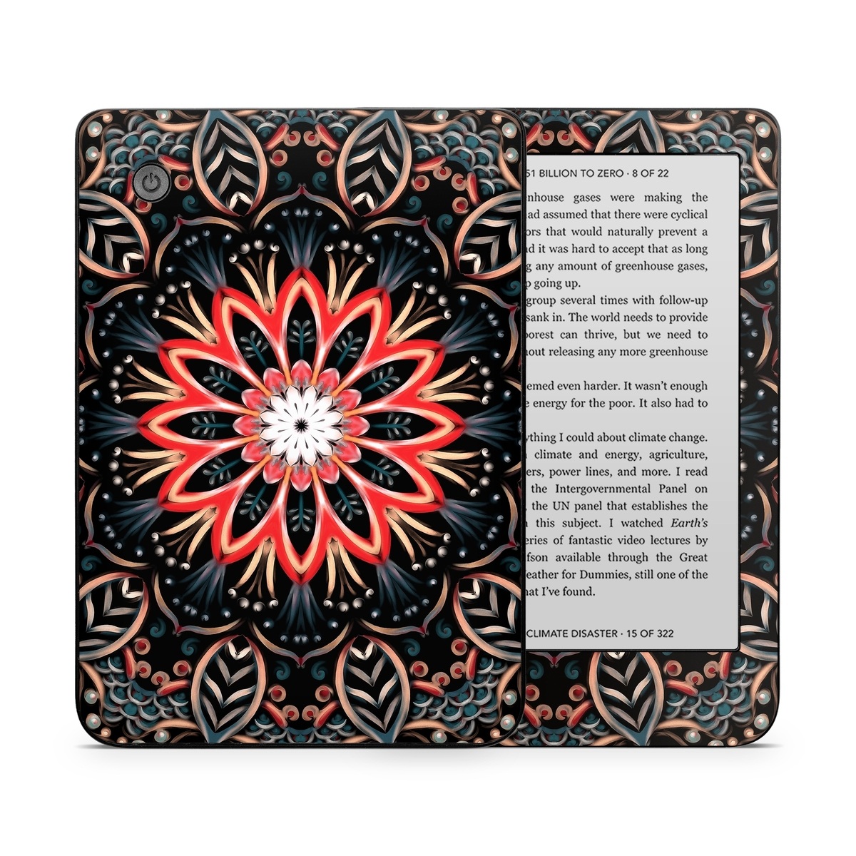 Kobo Clara 2E Skin design of Pattern, Psychedelic art, Symmetry, Design, Art, Visual arts, Textile, Kaleidoscope, Fractal art, Ornament, with black, red, white, blue, yellow, orange colors