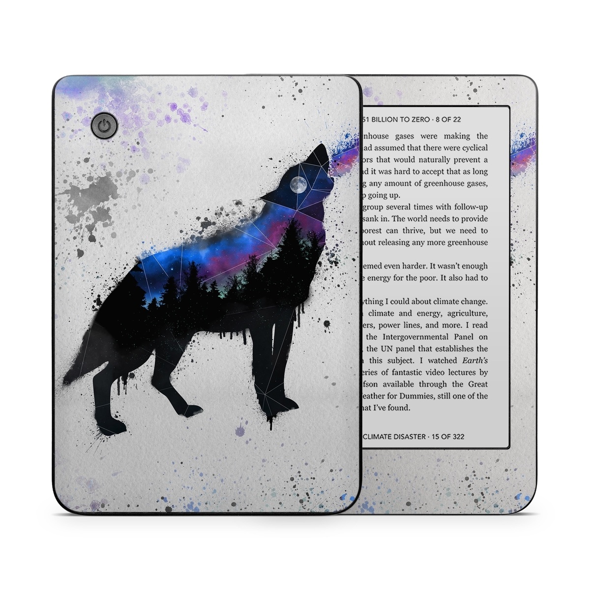 Kobo Clara 2E Skin design of Canidae, Art, Illustration, Watercolor paint, Dog, Graphic design, Street art, Acrylic paint, Painting, Visual arts, with gray, white, blue, black, green, purple colors