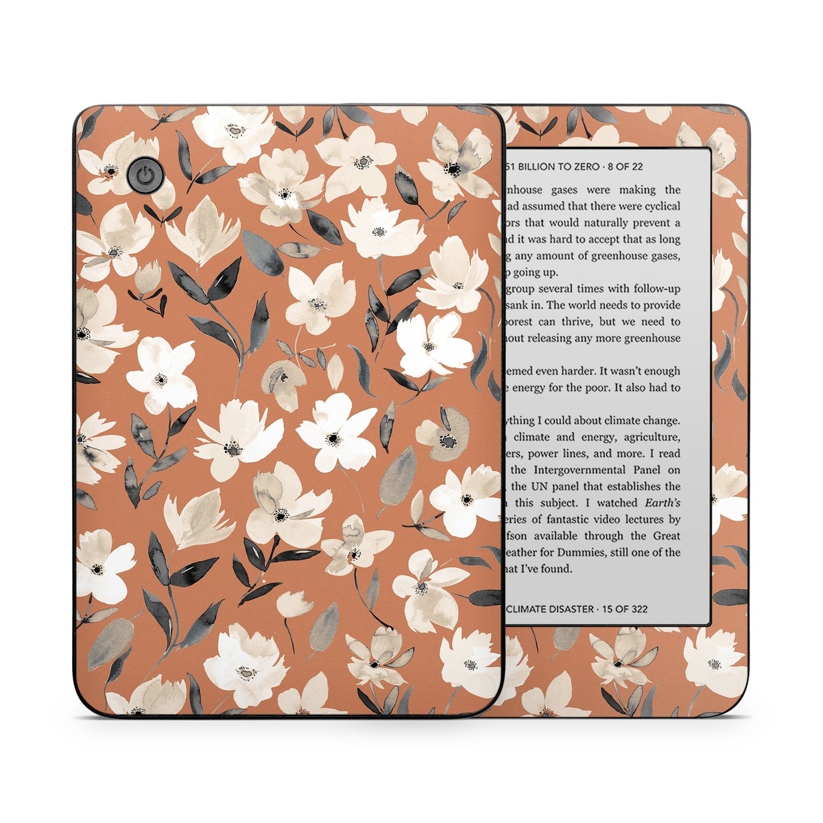 Kobo Clara 2E Skin design of Flower, Plant, Textile, Botany, Petal, Gesture, Line, Font, Groundcover, Art, with brown, white, gray, black colors