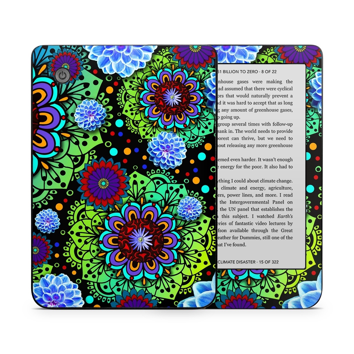 Kobo Clara 2E Skin design of Pattern, Psychedelic art, Design, Flower, Art, Visual arts, Floral design, Plant, Textile, Symmetry, with black, blue, green, purple colors