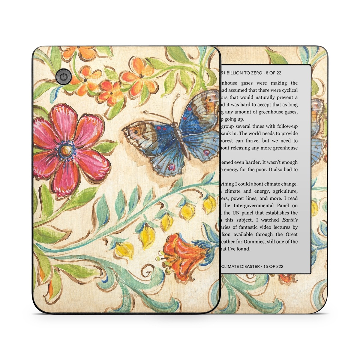 Kobo Clara 2E Skin design of Butterfly, Moths and butterflies, Insect, Pollinator, Plant, Pattern, Watercolor paint, Wildflower, Visual arts, Brush-footed butterfly, with gray, pink, green, red, orange, blue colors
