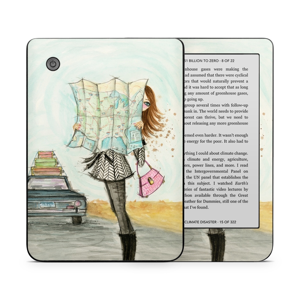 Kobo Clara 2E Skin design of Fashion illustration, Sketch, Watercolor paint, Illustration, Drawing, Art, Footwear, Vehicle, Painting, Fashion design, with blue, black, gray, white, pink, brown, green, orange, yellow colors
