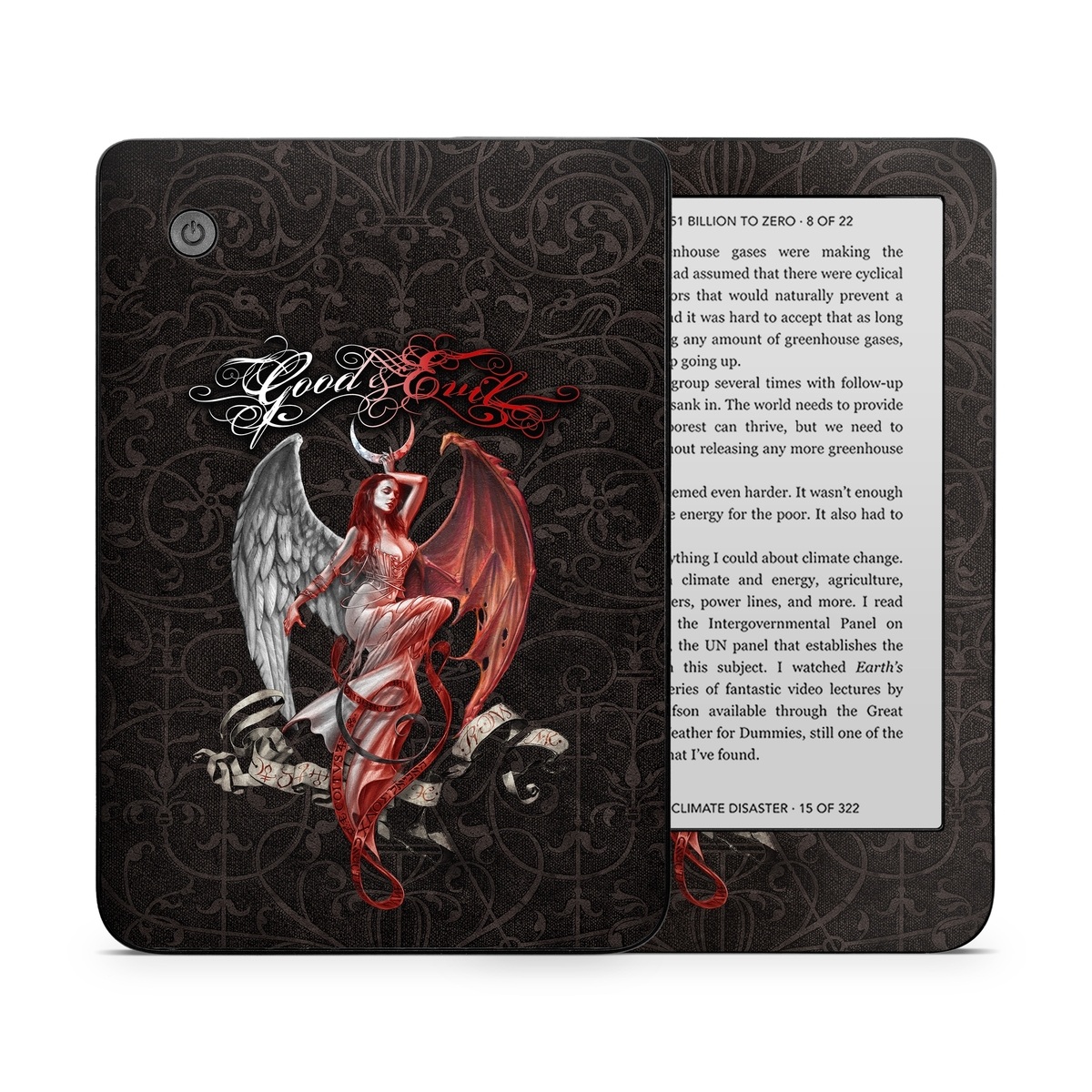 Kobo Clara 2E Skin design of Illustration, Fictional character, Graphic design, Supernatural creature, Demon, Cg artwork, Art, Mythology, Angel, Wing, with black, white, red colors