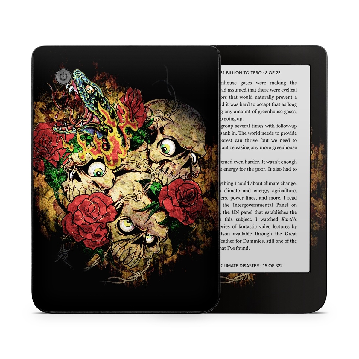 Kobo Clara 2E Skin design of Illustration, Bouquet, Art, Skull, Plant, Rose, Flower, Graphic design, Fictional character, Floral design, with black, red, green, gray colors