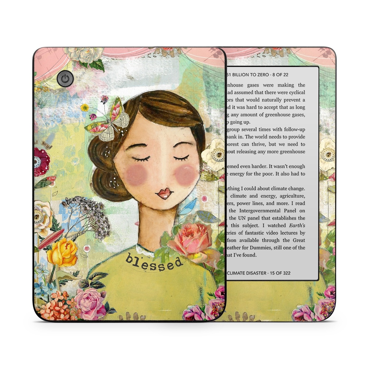 Kobo Clara 2E Skin design of Illustration, Cheek, Art, Watercolor paint, Retro style, Painting, Plant, Flower, Fashion illustration, Fictional character, with pink, green, yellow, white, red, blue colors