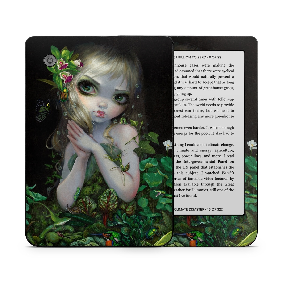 Kobo Clara 2E Skin design of Green, Doll, Fictional character, Lip, Plant, Supervillain, Flower, Illustration, Ivy, Fawn, with black, white, green, red colors