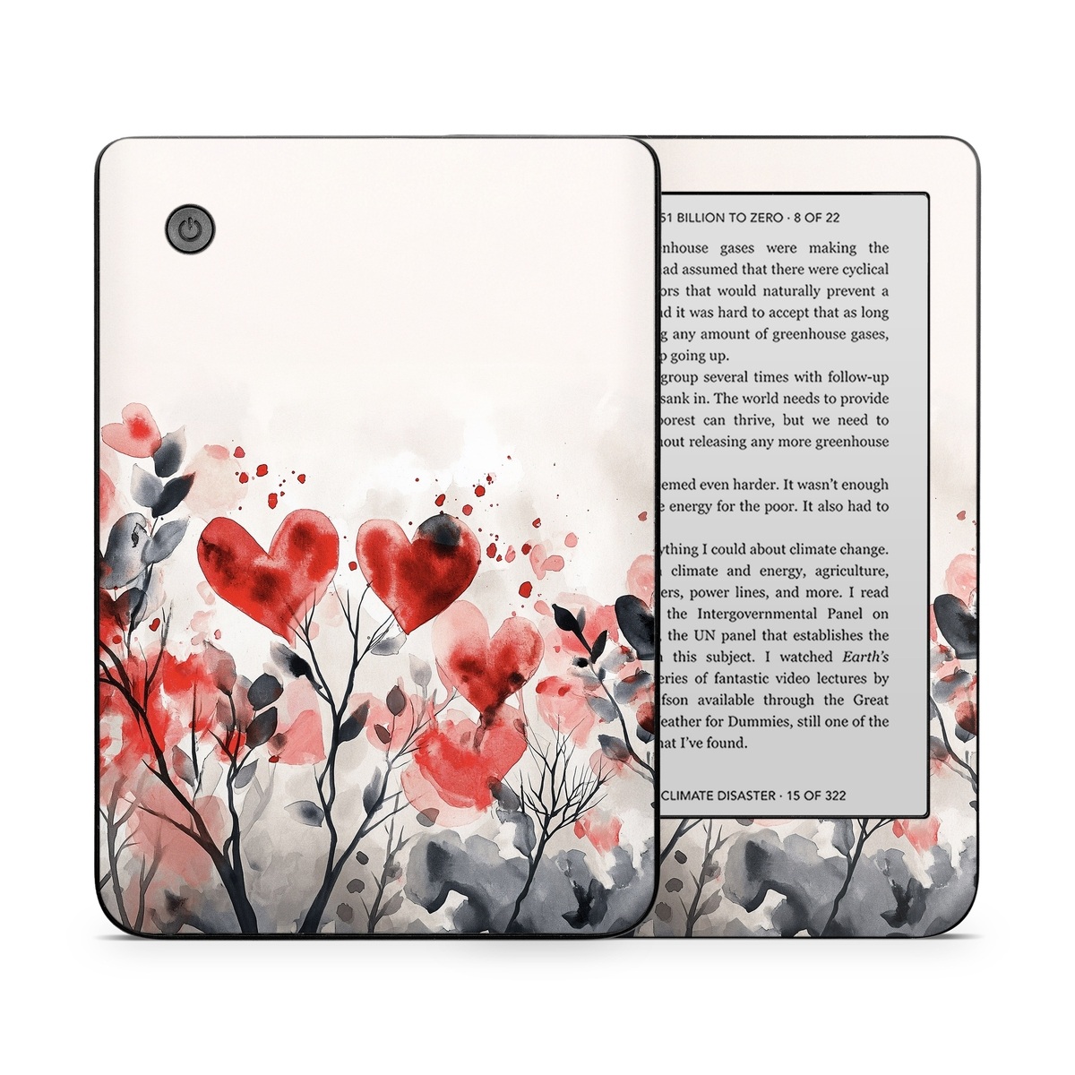 Kobo Clara 2E Skin design of Flower, Plant, Petal, Sky, Natural landscape, Twig, Tree, Art, Painting, Flowering plant, with white, black, gray, red, pink colors