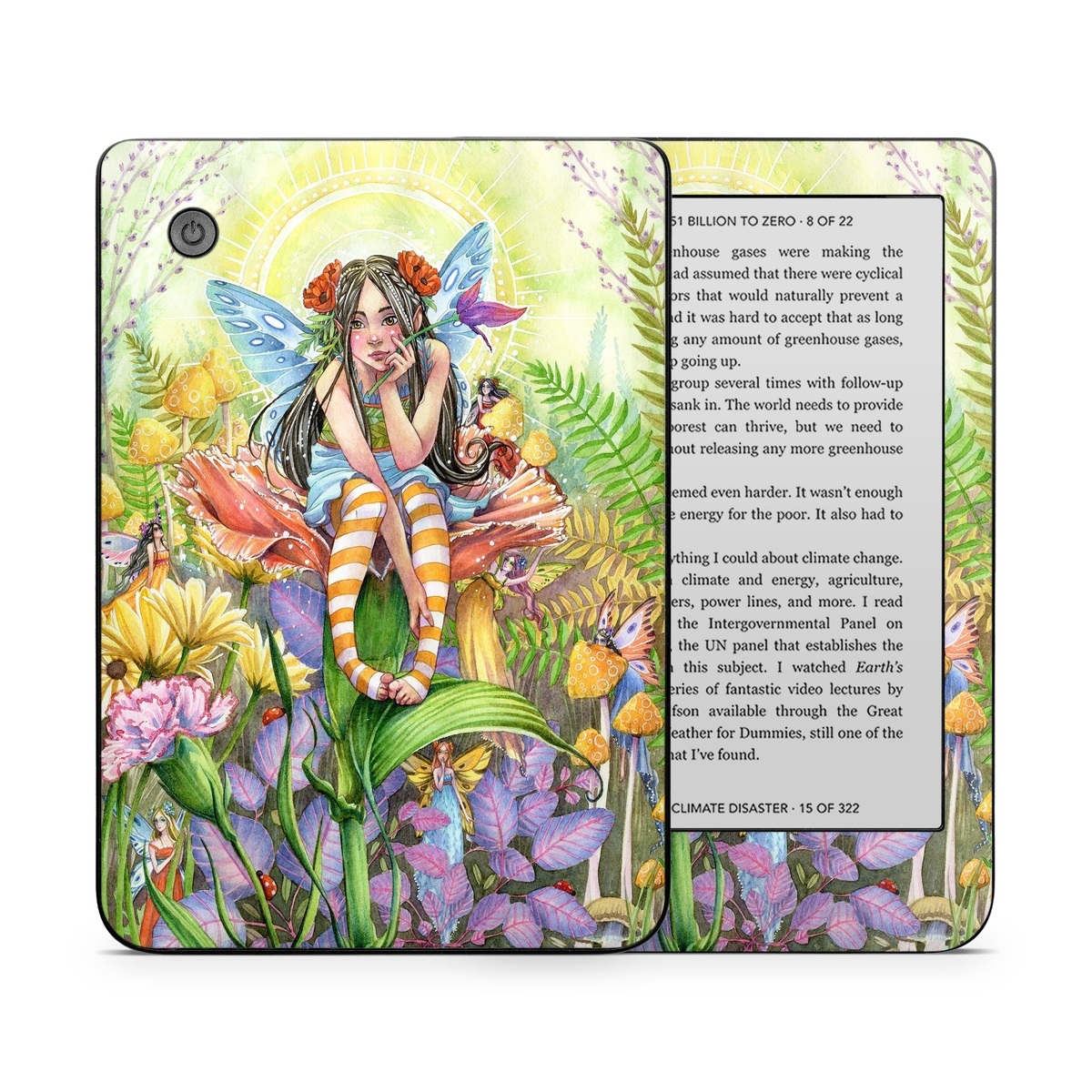 Kobo Clara 2E Skin design of Fictional character, Illustration, Art, Plant, Painting, Wildflower, Mythical creature, with gray, green, black, yellow, red colors