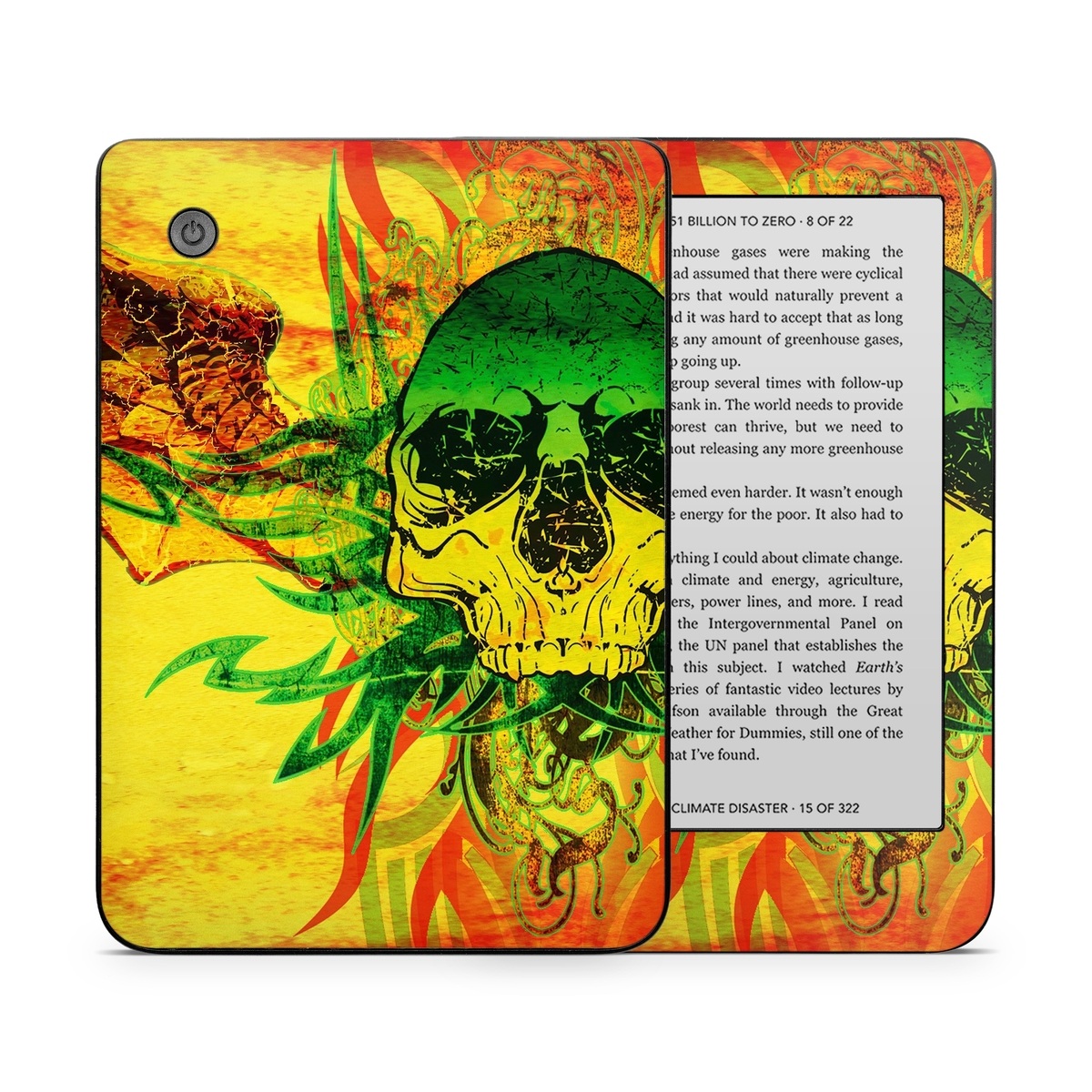 Kobo Clara 2E Skin design of Psychedelic art, Skull, Illustration, Bone, Art, Graphic design, Visual arts, Poster, Plant, Painting, with green, orange, black, red colors