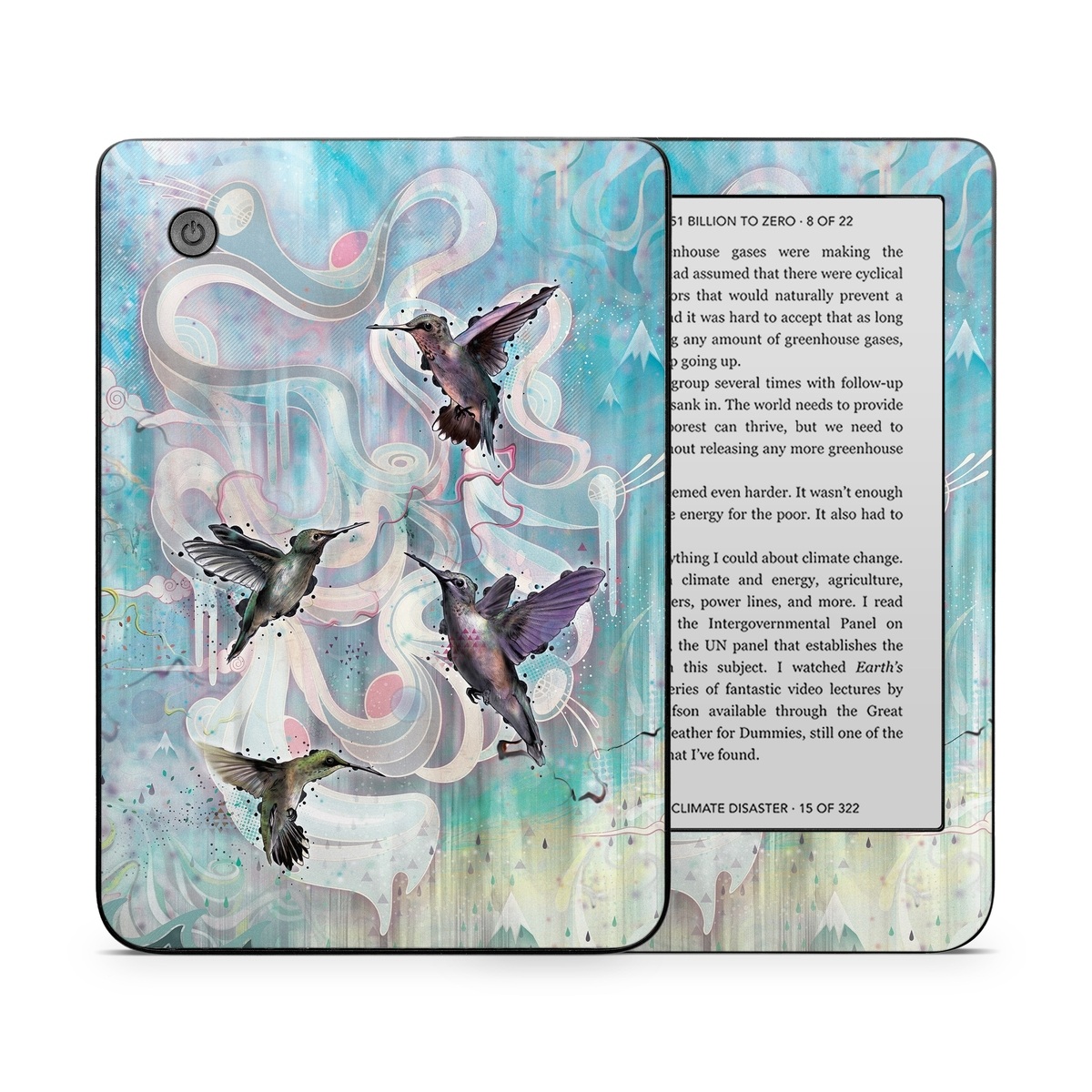 Kobo Clara 2E Skin design of Bird, Watercolor paint, Illustration, Hummingbird, Painting, Art, Wing, Fictional character, Acrylic paint, Perching bird, with gray, blue, black colors